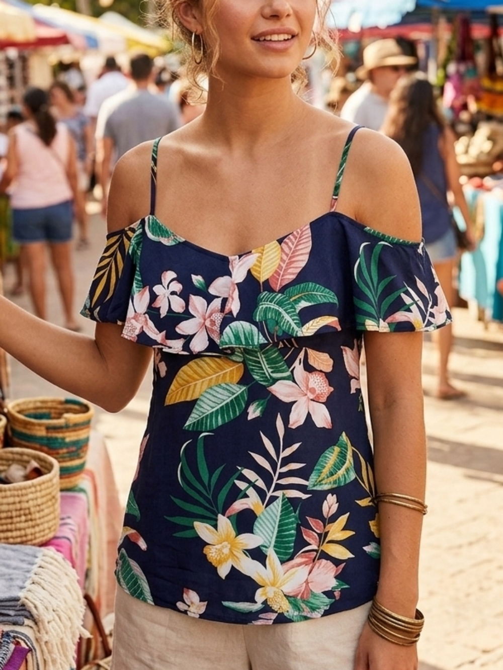 Old Navy Tropical Floral Cold Shoulder Ruffle Top Navy Blue Small